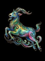 Colorful ornate Capricorn zodiac goat with swirling patterns, isolated on transparent background, ready for stickers, t-shirt design, and print on demand.