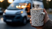 Steaming coffee mug with heart pattern held against blurred van and bokeh lights background during sunset, cozy autumn mood captured in warm tones.