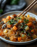 Asian glass noodles with mushrooms, diced butternut squash, fresh herbs in savory sauce served on white ceramic plate with wooden chopsticks.