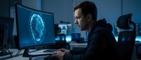 Young Caucasian male cybersecurity analyst examining digital brain scan data on computer monitor in dark tech laboratory workspace for medical research.