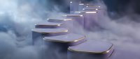Floating wooden steps ascending through mystical purple clouds with golden light beams creating ethereal stairway to success concept for motivation and achievement.