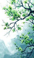 Delicate green magnolia branches with blooming flowers against misty blue mountains background, watercolor style artwork for wall decor and greeting cards.