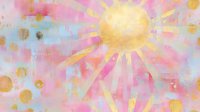 Dreamy watercolor sun with golden rays and pink clouds on soft pastel background, artistic abstract celestial design with delicate splashes and dots.
