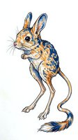 Whimsical illustration of a spotted rabbit-like creature with elongated ears, blue and orange coloring, and thin legs isolated on white background for design projects.