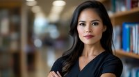 Young woman with long dark hair and olive complexion wearing black v-neck shirt in modern library setting with blurred bookshelves background, suitable for business, education, and professional portraits.