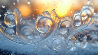 Delicate frost patterns form intricate swirls and curves on winter window glass, backlit by warm golden sunset light creating magical natural ice crystal macro photography.