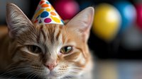Ginger cat wearing colorful party hat with polka dots against blurred background of festive balloons, close-up portrait showing whiskers and expressive eyes.