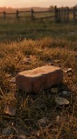 Old weathered brick lying on autumn grass field at golden hour sunset with wooden fence in rural countryside background for construction themes.