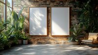 Two empty wooden frames on exposed brick wall surrounded by lush green tropical plants and natural sunlight casting shadows through window, modern interior design.