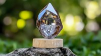 Crystal point on wooden stand against blurred natural green background with bokeh lights, spiritual healing stone display for meditation and energy work.