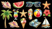 Tropical summer collection with seashells, watermelon, sunglasses, starfish, palm tree, cocktails, beach ball, hibiscus flower, flip flops, beach towel and sailboat isolated on transparent background. Ready for t-shirt designs, stickers, clipart and print-on-demand products.