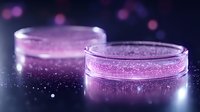 Glowing purple petri dishes with magical sparkles and bokeh effects on dark background, scientific research concept for laboratory and medical studies.