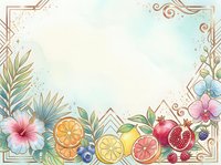 Watercolor tropical fruit and floral border frame with gold geometric accents on soft mint background, perfect for invitations, cards, and menus.