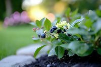 Fresh blueberry bush with ripe dark berries and green leaves growing in garden soil. Organic fruit cultivation and healthy eating concept.
