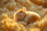 Adorable ginger hamster sleeping peacefully in golden straw bedding, bathed in warm sunlight. Perfect for pet care blogs or small animal content.