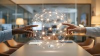 Two business professionals reaching towards glowing digital network sphere in modern office environment representing global connectivity and collaboration.