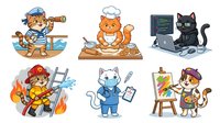 Young boy sailor with telescope on boat, orange cat chef cooking, black cat programmer with computer, firefighter cat on ladder, cat doctor with stethoscope, cat artist painting. Isolated characters for design use.