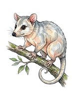 Possum perched on branch with green leaves, isolated on white background. Hand-drawn watercolor style wildlife illustration suitable for educational materials, children's books, and nature-themed designs.