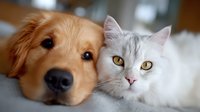 Close up portrait of golden retriever dog and white cat together showing friendship between pets, soft focus background creates dreamy atmosphere.