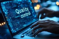 Quality control text on laptop screen with hands typing in dark environment with blue technology interface and bokeh lights in background.