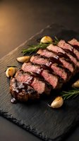 Sliced grilled beef steak with garlic and rosemary on dark slate board, gourmet meat dish for restaurant menu and culinary photography.