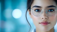 Young Asian woman wearing round glasses smiling gently against blurred turquoise background with bokeh lights, close-up portrait showing natural beauty and confidence.