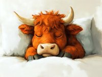 Adorable highland cow with fluffy orange fur sleeping peacefully in white bed with pillows, cozy bedroom scene for relaxation and comfort themes.