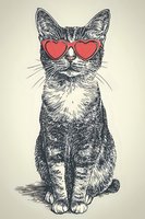 Sketched cat wearing heart-shaped red sunglasses, sitting upright with detailed fur texture and whiskers on light background. Suitable for fashion prints and accessories.