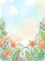 Soft watercolor tropical floral border with gold line art leaves and flowers on pastel background, perfect for invitations and greeting cards.