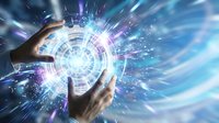 Hands holding glowing digital sphere with holographic interface and data streams, representing technology innovation, artificial intelligence, and future digital transformation solutions.