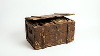 Vintage wooden treasure chest with brass hardware and metal clasps open revealing interior storage compartment for antique decor and rustic design projects.