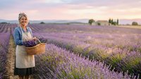 Woman in straw hat and apron holding wicker basket of lavender flowers in blooming purple field at sunset, agricultural harvest scene.