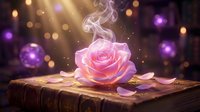 Pink rose with glowing magical smoke and light effects on wooden surface, surrounded by purple and golden bokeh lights for fantasy and mystical design projects.