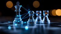 Glass chess pieces with glowing blue network connections on dark background, symbolizing strategy, artificial intelligence and business leadership concept.