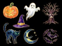 Spooky Halloween collection featuring jack-o-lantern pumpkin, ghost, dead tree, black cat, crescent moon, witch hat, and flying bats isolated on transparent background. Ready for t-shirts, stickers, clipart, and print-on-demand designs.