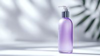 Purple glass cosmetic bottle with pump dispenser on light background with palm leaf shadow, mockup for skincare and beauty products presentation.