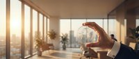 Businessman holding transparent sphere with recycling symbol in modern sunlit office, city view background, sustainability concept.