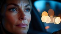 Mature woman with blue eyes in car at night, illuminated by city lights and bokeh effect creating atmospheric mood. Professional portrait with soft lighting.