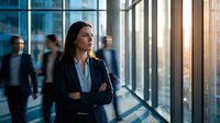 Professional businesswoman with crossed arms standing confidently in modern office corridor with glass walls and natural lighting for corporate concepts.