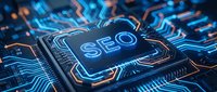 Futuristic microchip processor with glowing SEO text on circuit board background for digital marketing and search engine optimization technology concepts.