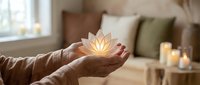 Hands holding glowing lotus flower in cozy living room with candles and pillows, representing spirituality, wellness, meditation, and inner peace for mindfulness content.