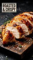 Sliced roasted duck breast with golden crispy skin on wooden cutting board, garnished with fresh rosemary and sea salt for culinary and food styling use.