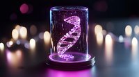 Glowing pink DNA helix structure in glass dome display with soft bokeh lights background creates futuristic scientific atmosphere for genetics and biotechnology concepts.