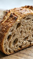 Artisan whole grain bread loaf with open crumb structure and sesame seed crust, displayed on wooden surface for bakery, food photography, and culinary design projects.