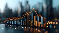 Financial graph showing market growth with glowing orange line chart and blue bar chart against blurred urban cityscape background with bokeh lights.