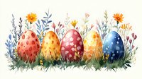 Colorful Easter eggs decorated with floral patterns arranged in grass with wildflowers and botanical elements in watercolor style. Spring holiday celebration artwork.