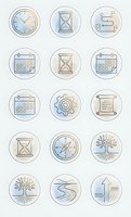 Minimalist line art icon set featuring time management symbols including clocks, hourglasses, calendars, compass and tree elements in soft blue and beige tones.