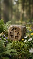 Wooden block with recycling symbol carved into surface surrounded by wildflowers and ferns in forest setting for environmental sustainability concepts.