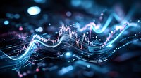 Digital wave pattern with glowing particles and bokeh lights creating futuristic data visualization for technology presentations and modern design projects.