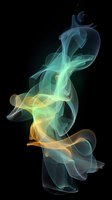 Ethereal smoke swirls in blue, green and golden yellow tones against black background, creating abstract flowing shapes and translucent layers for artistic designs.